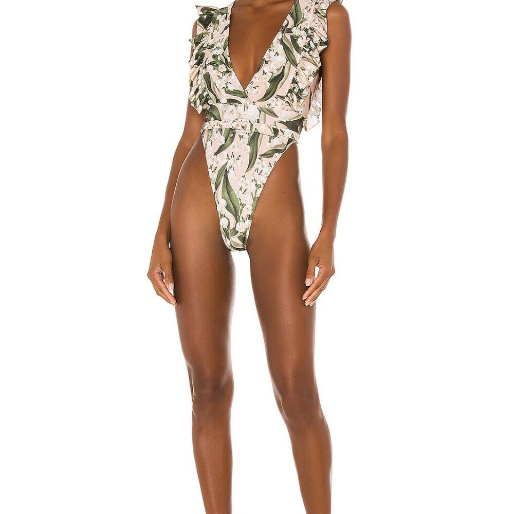 NWOT - ADRIANA DEGREAS MUGUET RUFFLE HIGH LEG ONE PIECE SWIMSUIT SZ SMALL